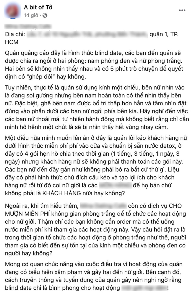 Dịch vụ cà phê hẹn hò ở TP.HCM nghi dùng gương 1 chiều gây nguy hiểm cho phái nữ: Cập nhật mới nhất tình hình hiện tại - Ảnh 1.