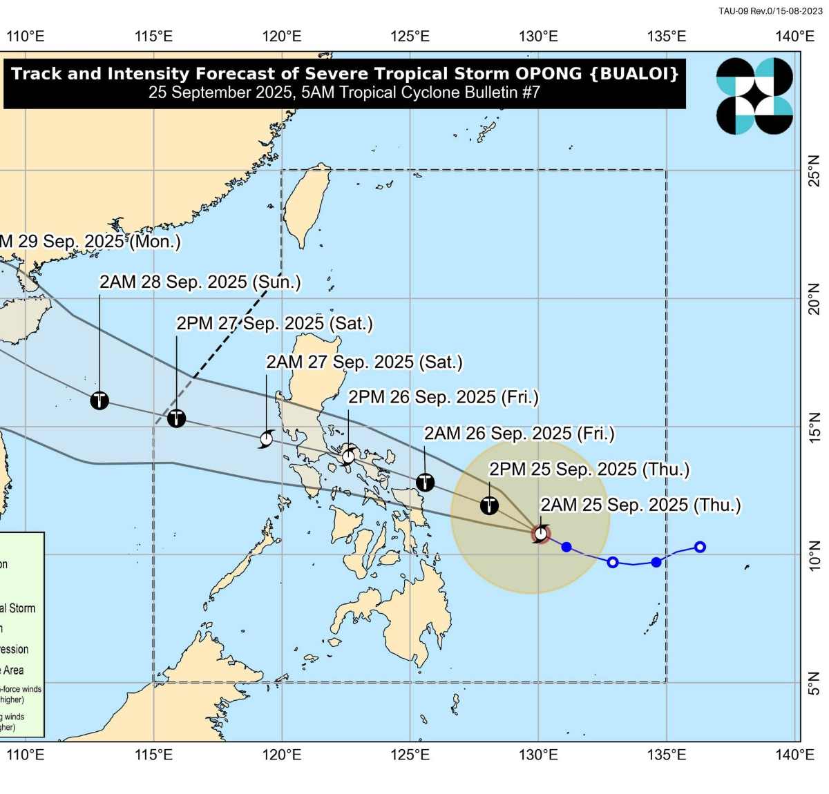 bao-so-10 Dự báo đường đi của bão Bualoi hướng vào Biển Đông và Việt Nam. Ảnh: PAGASA